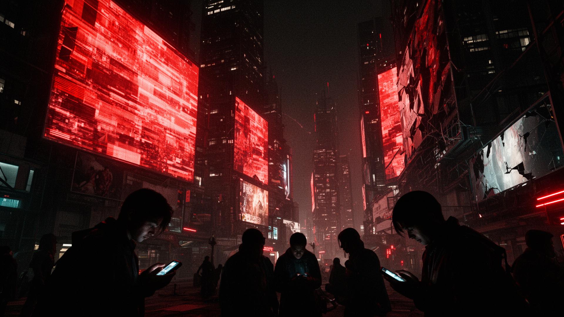 Dystopian cityscape — silhouettes hunched over glowing phones beneath red glitching billboards